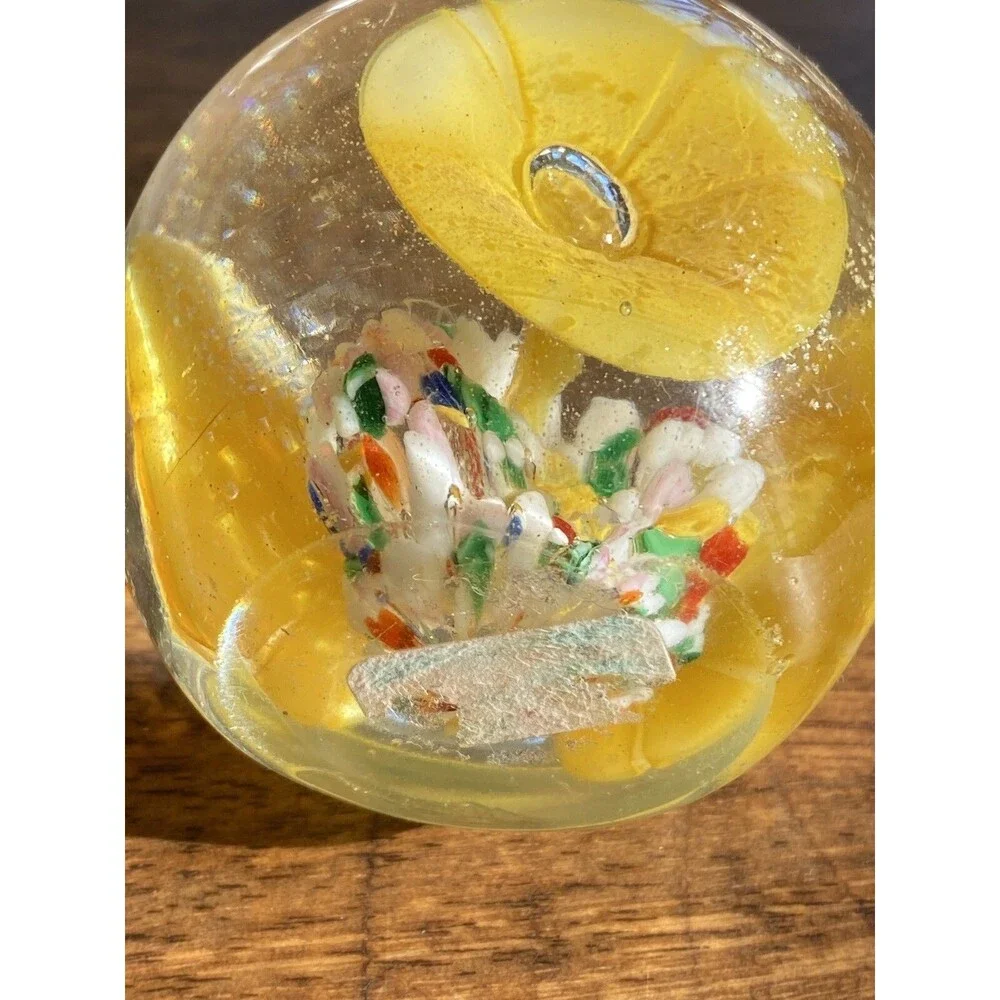 Art Glass Paperweight Yellow Trumpet Flower Blown Bubbles 3” Colorful Floral